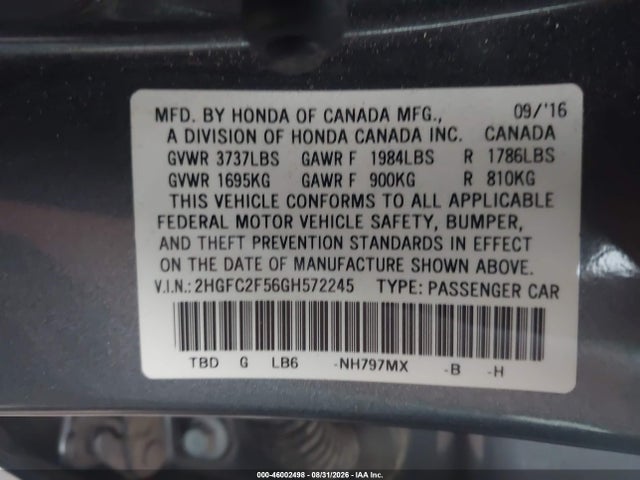 Honda Civic Lx 2016 2HGFC2F56GH572245 Image 9
