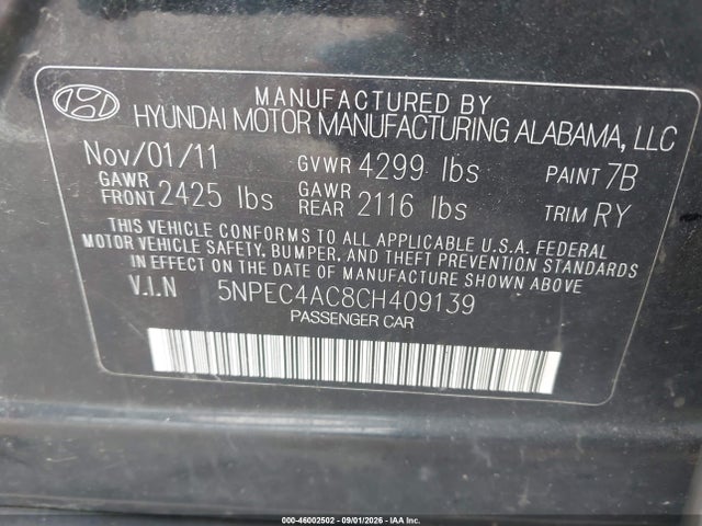 Aukcja sprzedaży 2012 Hyundai Sonata Limited, vin: 5NPEC4AC8CH409139, numer aukcji: 46002502