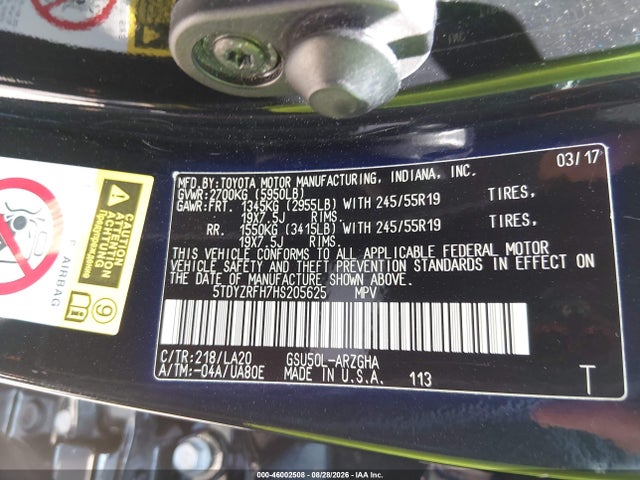 Aukcja sprzedaży 2017 Toyota Highlander Limited, vin: 5TDYZRFH7HS205625, numer aukcji: 46002508