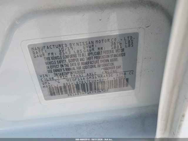 Aukcja sprzedaży 2019 Nissan Sentra Sv, vin: 3N1AB7AP1KY436922, numer aukcji: 46002510