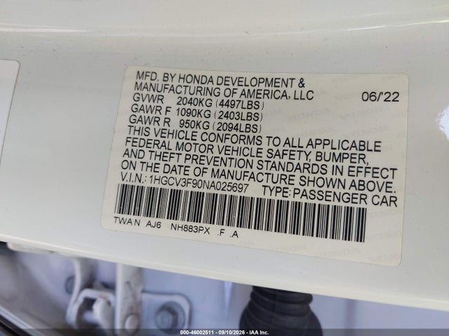 1HGCV3F90NA025697 Honda Accord Hybrid Touring