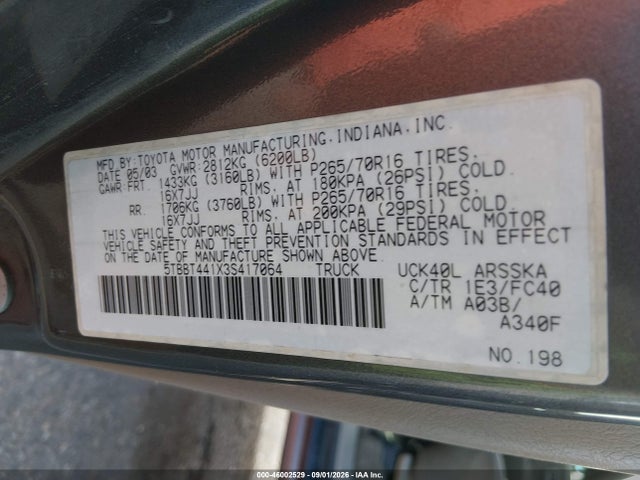 Aukcja sprzedaży 2003 Toyota Tundra Sr5 V8, vin: 5TBBT441X3S417064, numer aukcji: 46002529