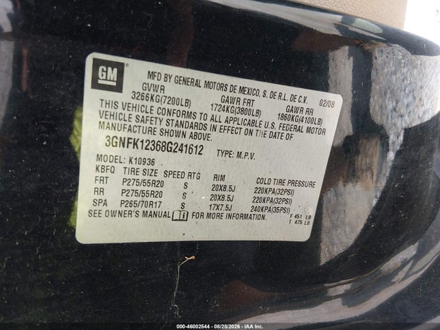 Продажа на аукционе авто 2008 Chevrolet Avalanche 1500 Ltz, vin: 3GNFK12368G241612, номер лота: 46002544
