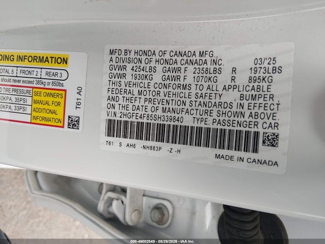 46002549 :رقم المزاد ، 2HGFE4F85SH339840 vin ، 2025 Honda Civic Hybrid Sport/sport Touring مزاد بيع