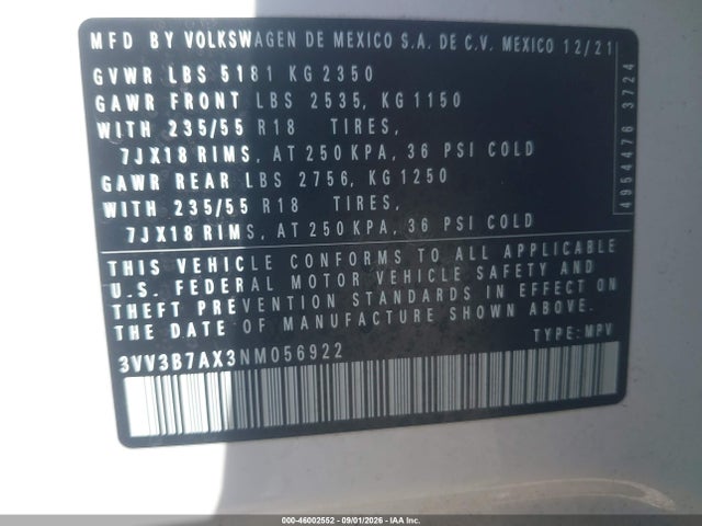 Продаж на аукціоні авто 2022 Volkswagen Tiguan 2.0t Se, vin: 3VV3B7AX3NM056922, номер лоту: 46002552