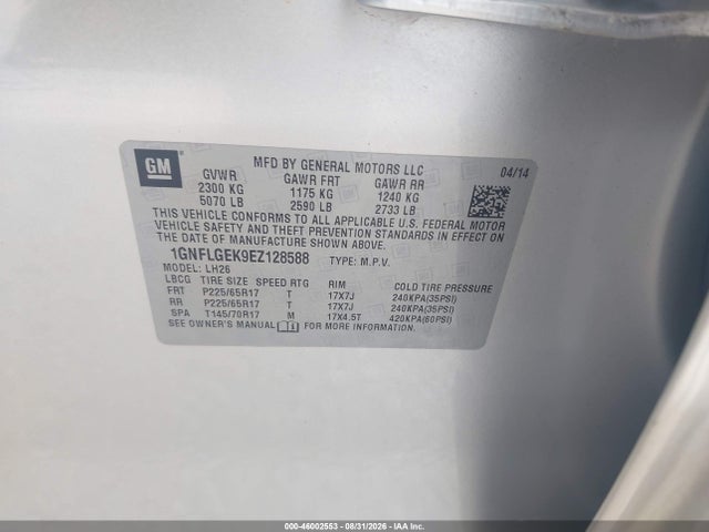 46002553 :رقم المزاد ، 1GNFLGEK9EZ128588 vin ، 2014 Chevrolet Equinox 2lt مزاد بيع