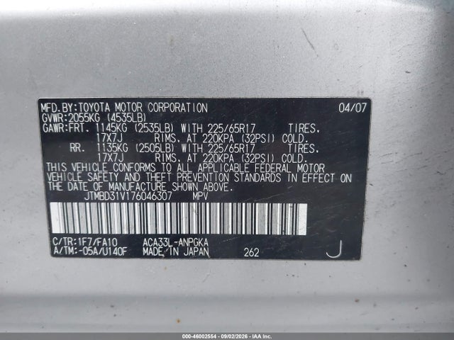 Aukcja sprzedaży 2007 Toyota Rav4 Limited, vin: JTMBD31V176046307, numer aukcji: 46002554