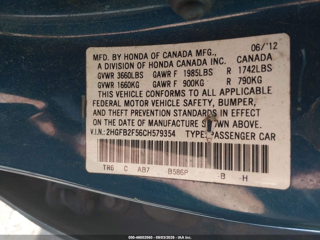 Auction sale of the 2012 Honda Civic Lx, vin: 2HGFB2F56CH579354, lot number: 46002560
