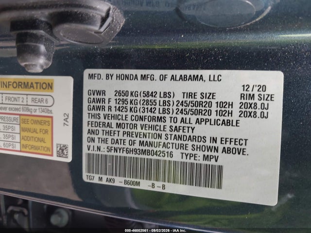 5FNYF6H93MB042516 Honda Pilot Awd Touring 8 Passenger