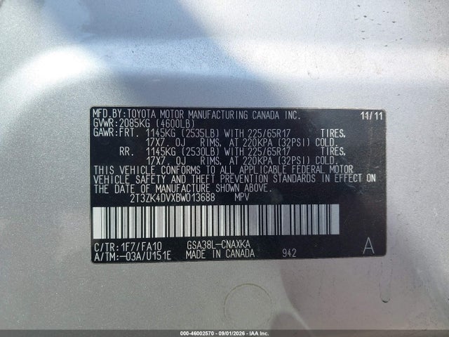 Продажа на аукционе авто 2011 Toyota Rav4 Base V6, vin: 2T3ZK4DVXBW013688, номер лота: 46002570