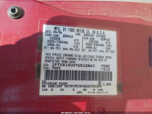 46002575 :رقم المزاد ، 1FTCR10UXTUD12867 vin ، 1996 Ford Ranger مزاد بيع