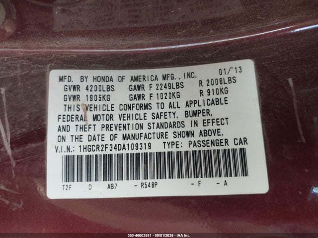46002581 :رقم المزاد ، 1HGCR2F34DA109319 vin ، 2013 Honda Accord Lx مزاد بيع