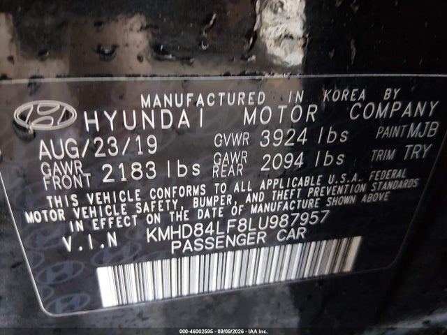 Aukcja sprzedaży 2020 Hyundai Elantra Value Edition, vin: KMHD84LF8LU987957, numer aukcji: 46002595