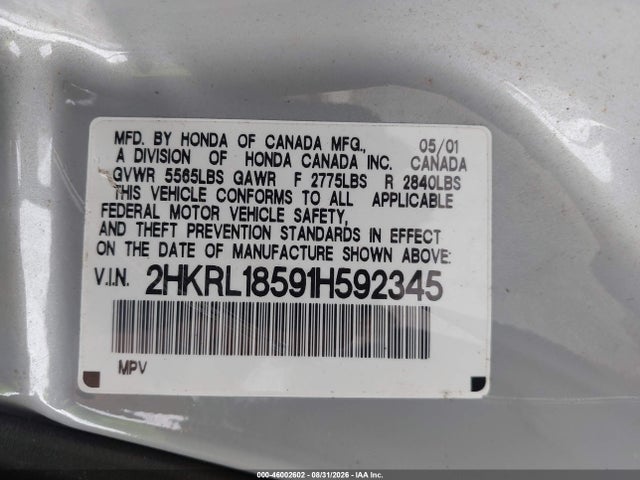 Auction sale of the 2001 Honda Odyssey Lx, vin: 2HKRL18591H592345, lot number: 46002602
