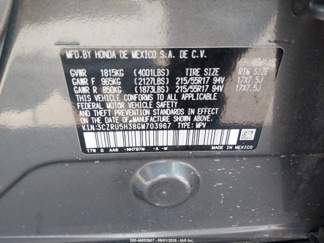 2016 Honda Hr-v Lx მანქანა იყიდება აუქციონზე, vin: 3CZRU5H38GM703967, აუქციონის ნომერი: 46002607