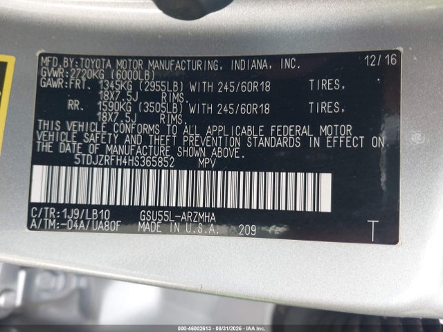 5TDJZRFH4HS365852 Toyota Highlander Xle