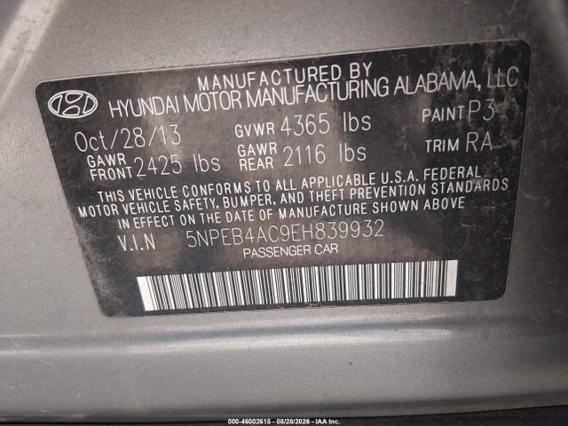 Aukcja sprzedaży 2014 Hyundai Sonata Gls, vin: 5NPEB4AC9EH839932, numer aukcji: 46002615
