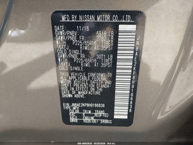 Продаж на аукціоні авто 2017 Nissan Quest Sv, vin: JN8AE2KP8H9166838, номер лоту: 46002620