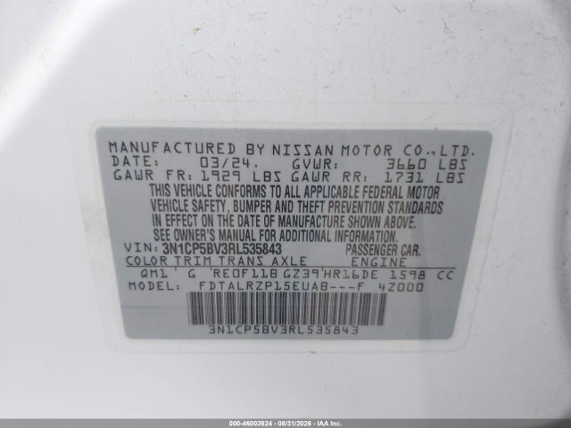 Продаж на аукціоні авто 2024 Nissan Kicks S Xtronic Cvt, vin: 3N1CP5BV3RL535843, номер лоту: 46002624