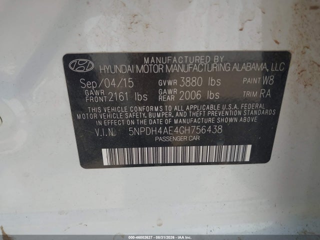 2016 Hyundai Elantra Se მანქანა იყიდება აუქციონზე, vin: 5NPDH4AE4GH756438, აუქციონის ნომერი: 46002627