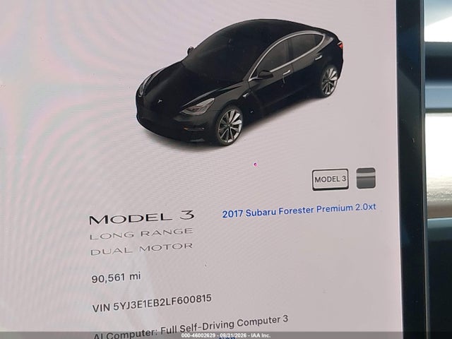 46002629 :رقم المزاد ، 5YJ3E1EB2LF600815 vin ، 2020 Tesla Model 3 Long Range Dual Motor All-wheel Drive مزاد بيع
