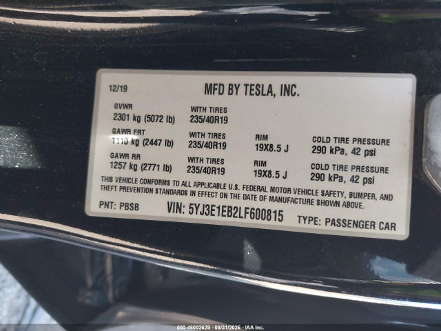 46002629 :رقم المزاد ، 5YJ3E1EB2LF600815 vin ، 2020 Tesla Model 3 Long Range Dual Motor All-wheel Drive مزاد بيع