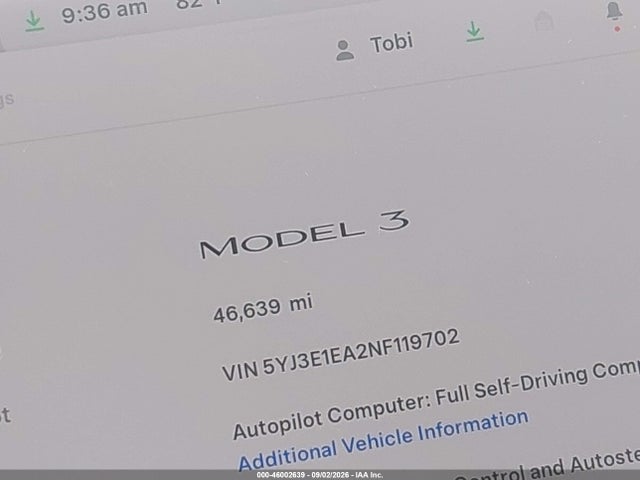 5YJ3E1EA2NF119702 Tesla Model 3 Rear-wheel Drive