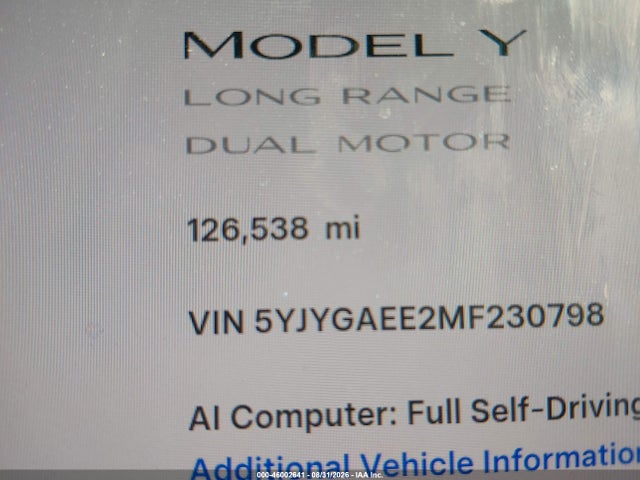 Aukcja sprzedaży 2021 Tesla Model Y Long Range Dual Motor All-wheel Drive, vin: 5YJYGAEE2MF230798, numer aukcji: 46002641