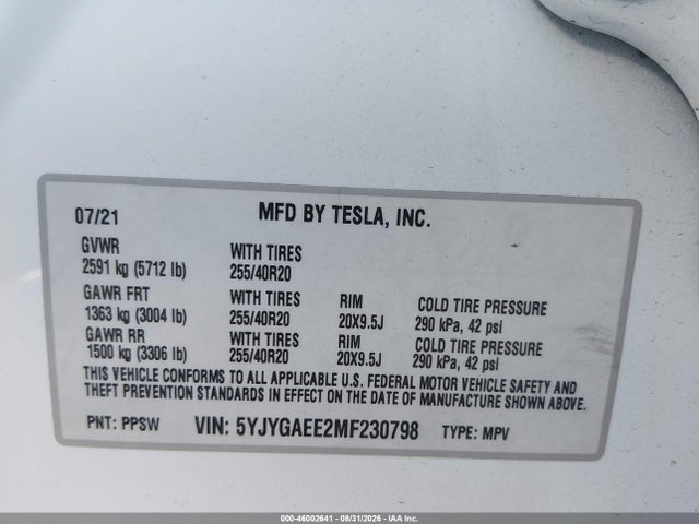 Aukcja sprzedaży 2021 Tesla Model Y Long Range Dual Motor All-wheel Drive, vin: 5YJYGAEE2MF230798, numer aukcji: 46002641