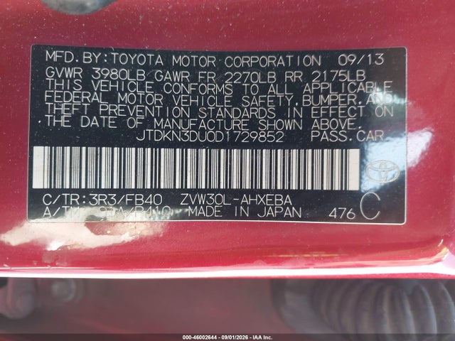 2013 Toyota Prius Two მანქანა იყიდება აუქციონზე, vin: JTDKN3DU0D1729852, აუქციონის ნომერი: 46002644