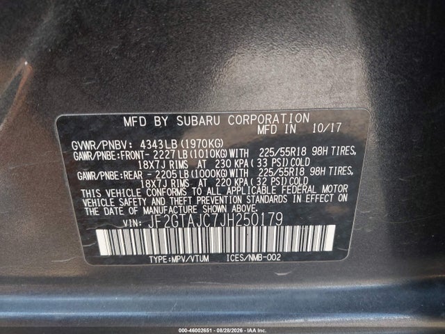 46002651 :رقم المزاد ، JF2GTAJC7JH250179 vin ، 2018 Subaru Crosstrek 2.0i Limited مزاد بيع