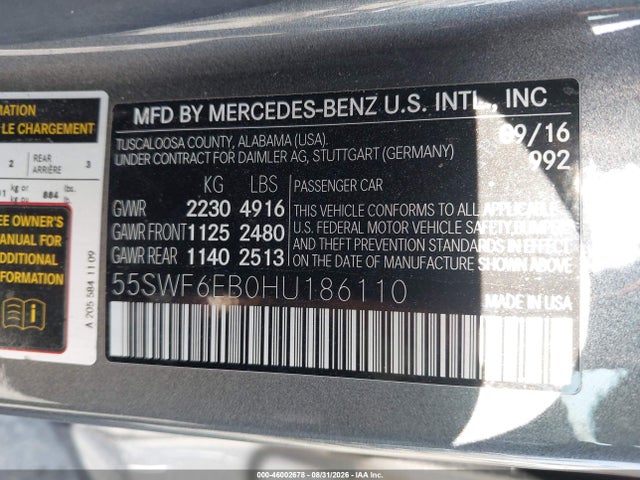 46002678 :رقم المزاد ، 55SWF6EB0HU186110 vin ، 2017 Mercedes-benz Amg C 43 4matic مزاد بيع