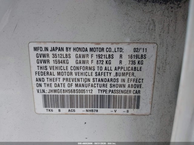 2011 Honda Fit Sport მანქანა იყიდება აუქციონზე, vin: JHMGE8H56BS005112, აუქციონის ნომერი: 46002696