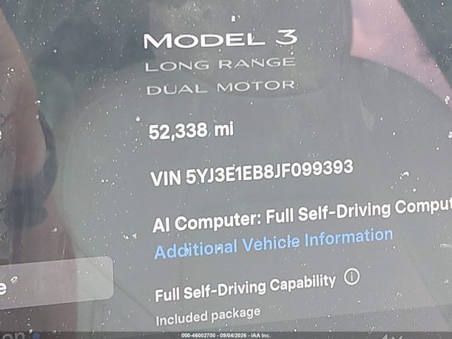 5YJ3E1EB8JF099393 Tesla Model 3 Long Range/performance