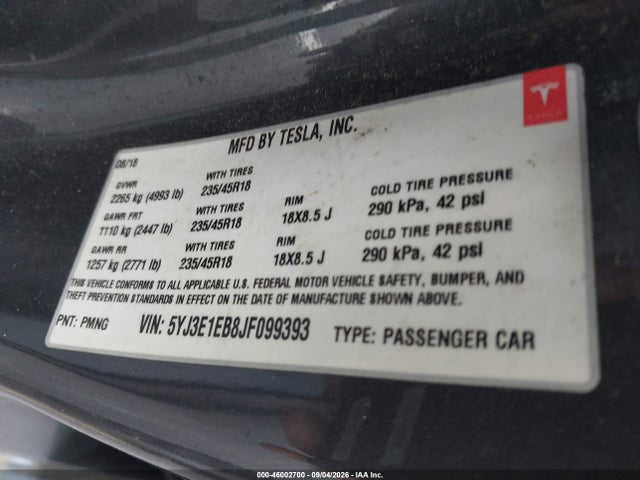 5YJ3E1EB8JF099393 Tesla Model 3 Long Range/performance