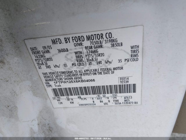 2006 Ford F-150 Lariat/xlt მანქანა იყიდება აუქციონზე, vin: 1FTPW125X6KB04066, აუქციონის ნომერი: 46002703