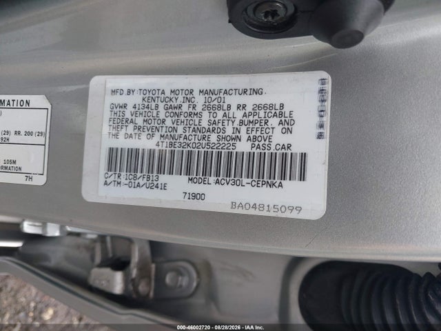 2002 Toyota Camry Le მანქანა იყიდება აუქციონზე, vin: 4T1BE32K02U522225, აუქციონის ნომერი: 46002720