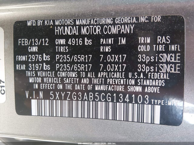 Продажа на аукционе авто 2012 Hyundai Santa Fe Gls, vin: 5XYZG3AB5CG134103, номер лота: 46002727