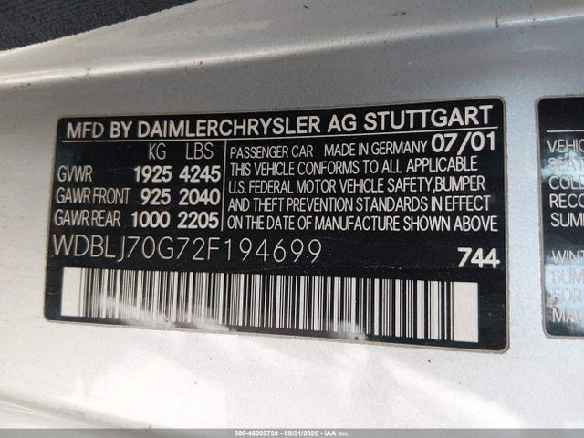 Aukcja sprzedaży 2002 Mercedes-benz Clk 430, vin: WDBLJ70G72F194699, numer aukcji: 46002739