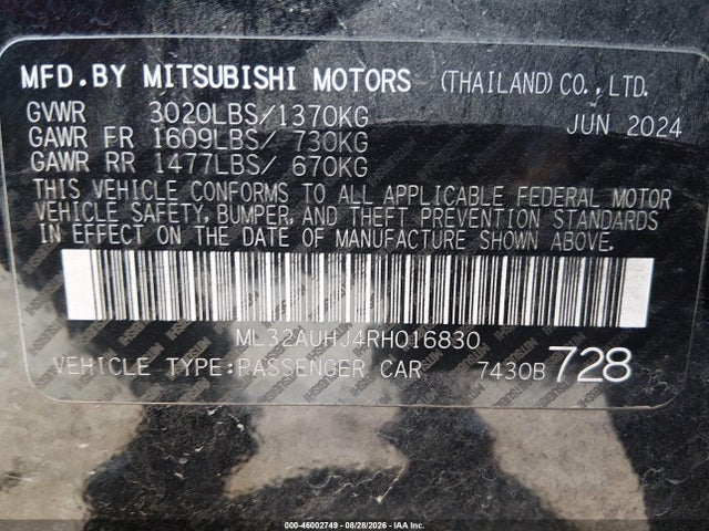 46002749 :رقم المزاد ، ML32AUHJ4RH016830 vin ، 2024 Mitsubishi Mirage Es/le مزاد بيع