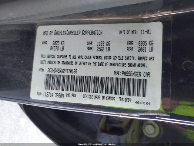 Продаж на аукціоні авто 2002 Chrysler Concorde Lx, vin: 2C3HD46RX2H170180, номер лоту: 46002753