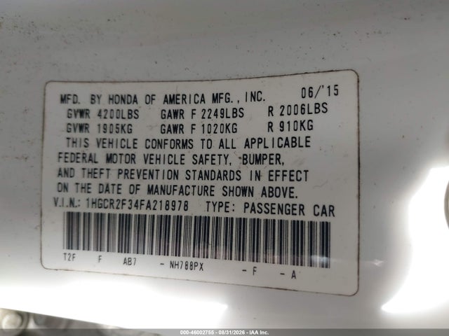 Продажа на аукционе авто 2015 Honda Accord Lx, vin: 1HGCR2F34FA218978, номер лота: 46002755
