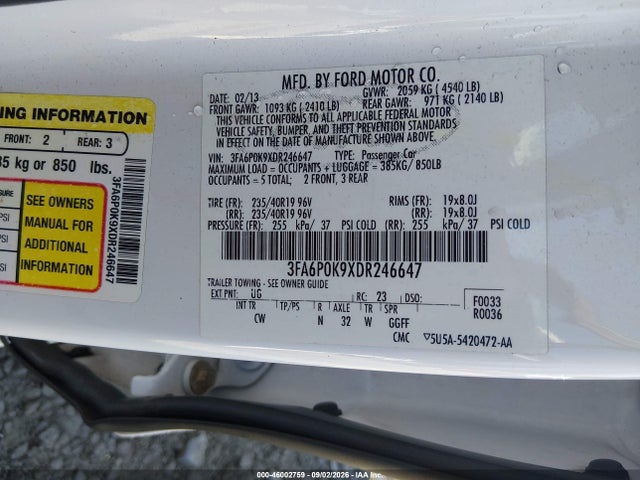 2013 Ford Fusion Titanium მანქანა იყიდება აუქციონზე, vin: 3FA6P0K9XDR246647, აუქციონის ნომერი: 46002759