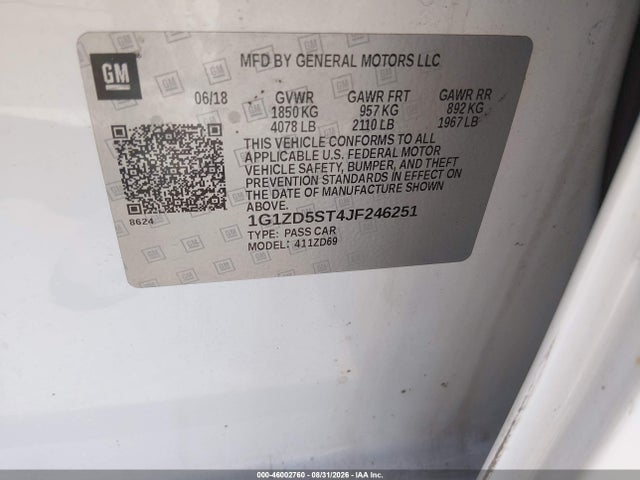 Продаж на аукціоні авто 2018 Chevrolet Malibu Lt, vin: 1G1ZD5ST4JF246251, номер лоту: 46002760