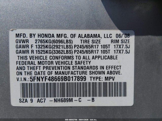 2009 Honda Pilot Ex-l მანქანა იყიდება აუქციონზე, vin: 5FNYF48669B017899, აუქციონის ნომერი: 46002766