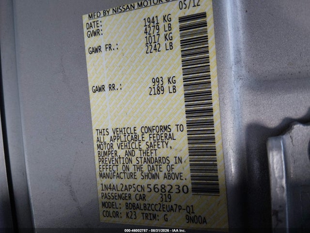 2012 Nissan Altima 2.5 S მანქანა იყიდება აუქციონზე, vin: 1N4AL2AP5CN568230, აუქციონის ნომერი: 46002787