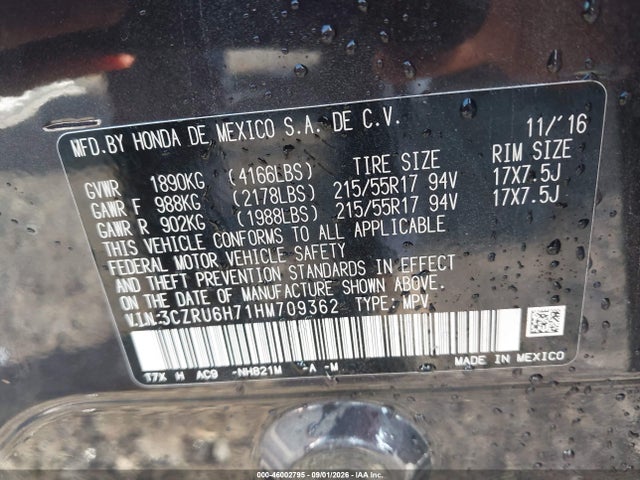 Aukcja sprzedaży 2017 Honda Hr-v Ex-l, vin: 3CZRU6H71HM709362, numer aukcji: 46002795
