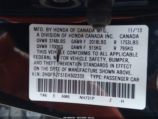 Aukcja sprzedaży 2014 Honda Civic Lx, vin: 2HGFB2F51EH502359, numer aukcji: 46002797