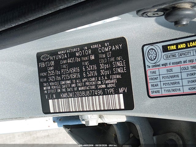 Продажа на аукционе авто 2008 Hyundai Tucson Gls, vin: KM8JM12B38U877496, номер лота: 46002806