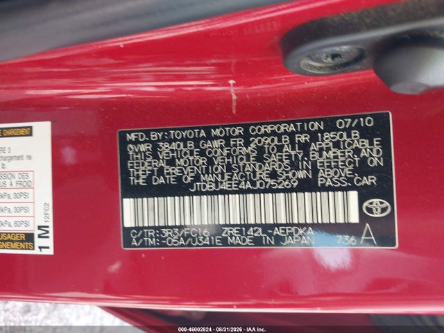 2010 Toyota Corolla Le მანქანა იყიდება აუქციონზე, vin: JTDBU4EE4AJ075269, აუქციონის ნომერი: 46002824
